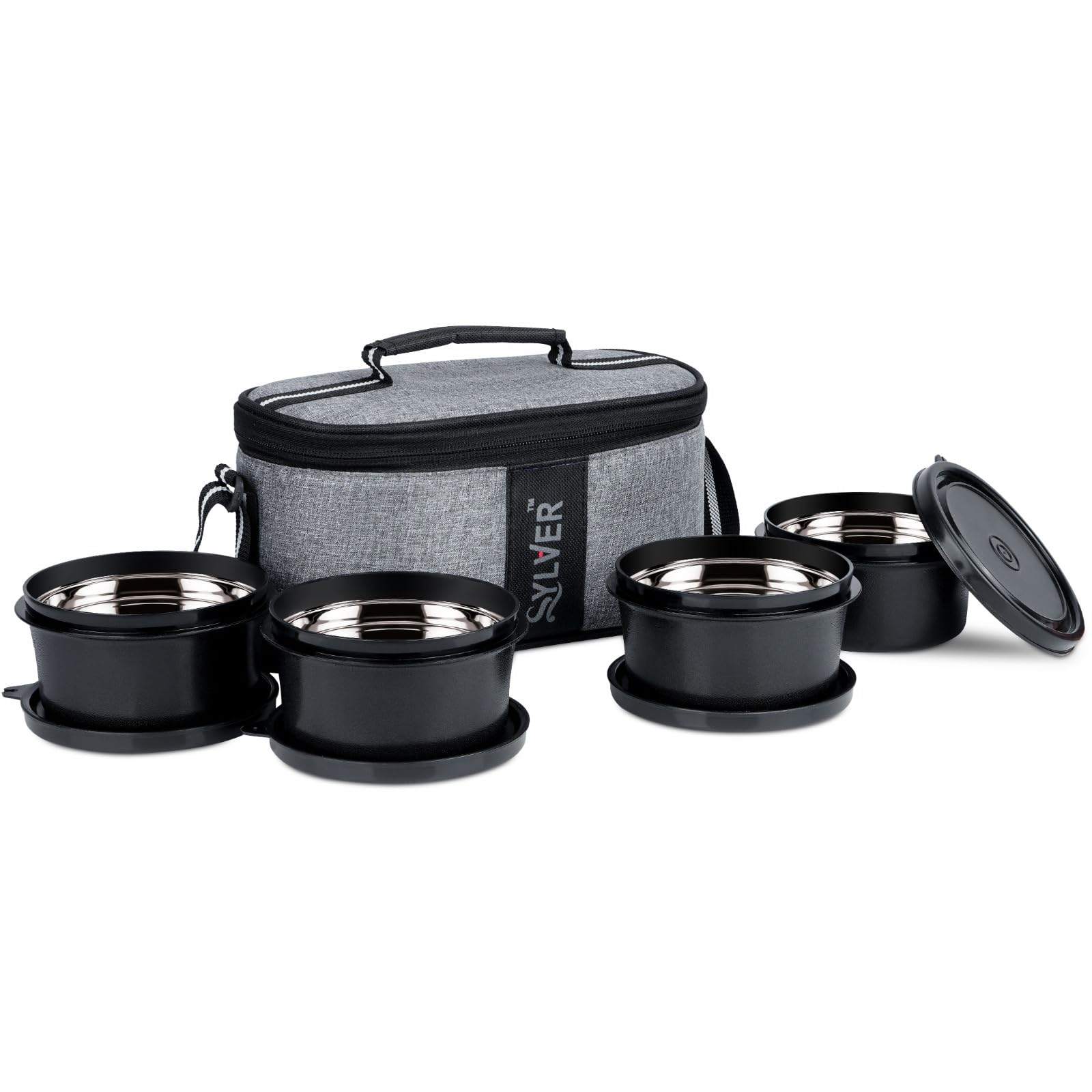 sylver Bitebox Set of 4 Universal Lunch Box : Unisex, Leak Proof & Microwave Safe, 4 Inner Steel Containers (400ml), Insulated Fabric Bag for Full Meal, Easy to Carry (Black Grey) (B0CZTD3GDN) Amazon Price History, Amazon Price Tracker