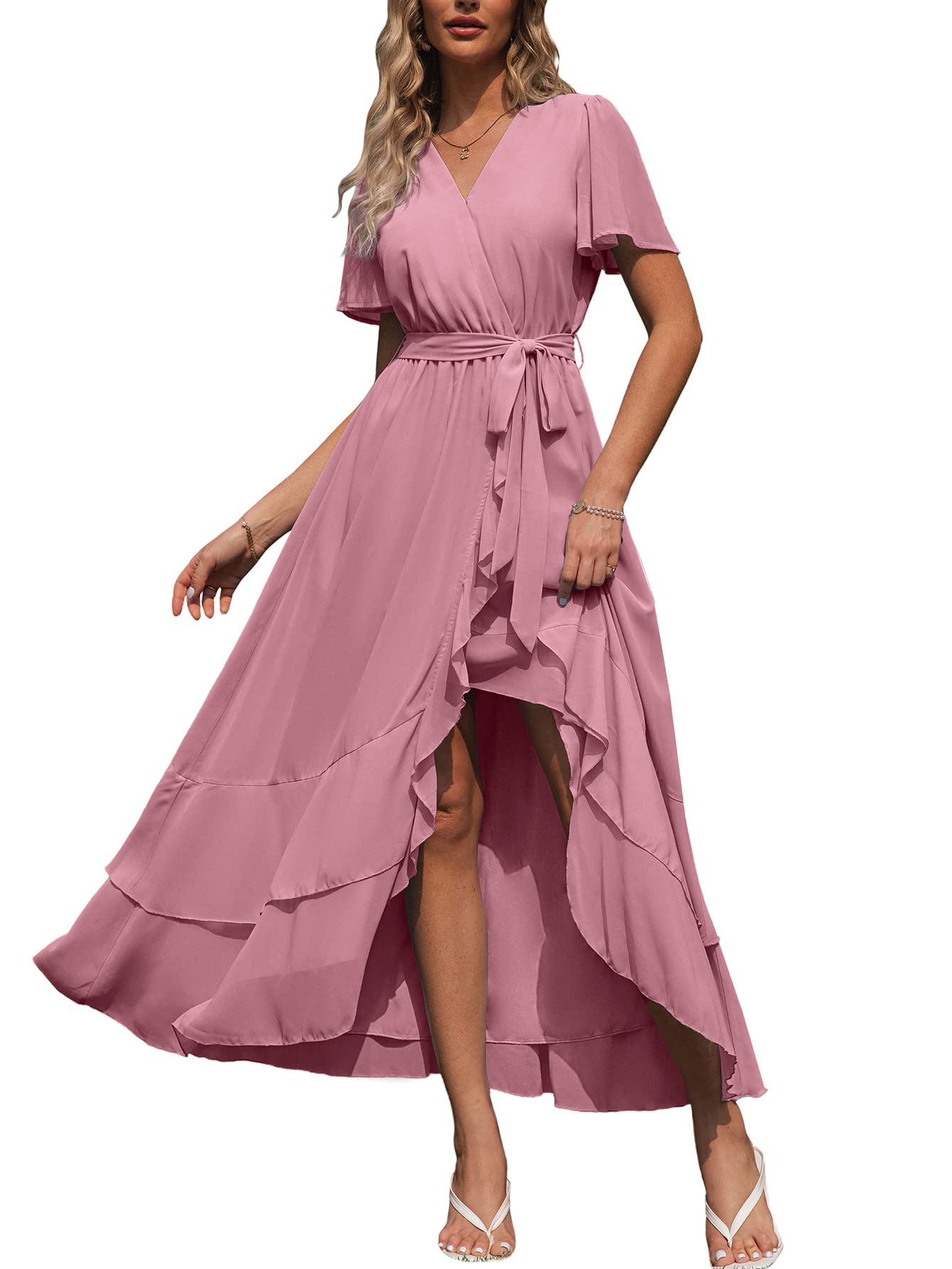 Simplee Womens Solid Chiffon Wrap Formal Maxi Ruffle Split Dress Flowy Bridesmaid Wedding Party Evening Dress with Belt