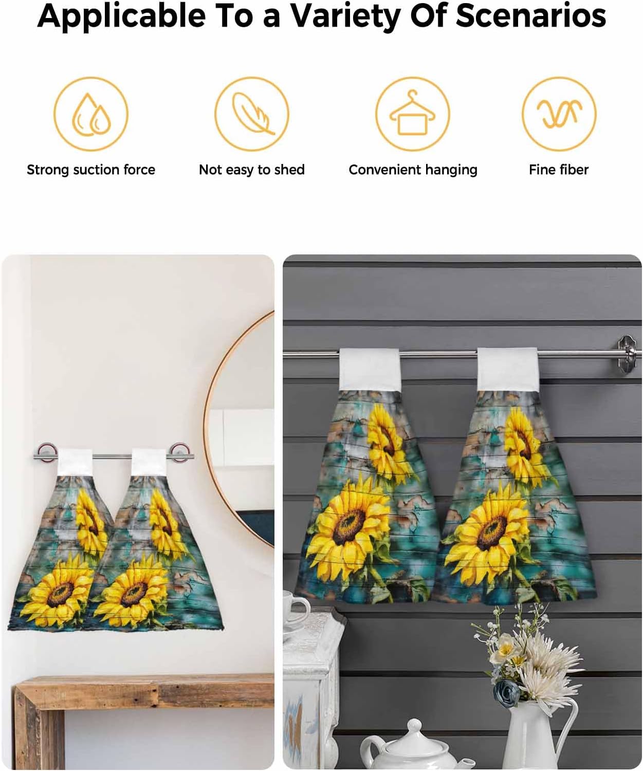 Teal Sunflower Kitchen Hand Towels with Hanging Loops,Super Soft Oven Fingertip Dry Microfiber Tie Dish Towel Absorbent Cleaning Washcloth for Bathroom,Kitchen Retro Yellow Floral Turquoise Wood Grain