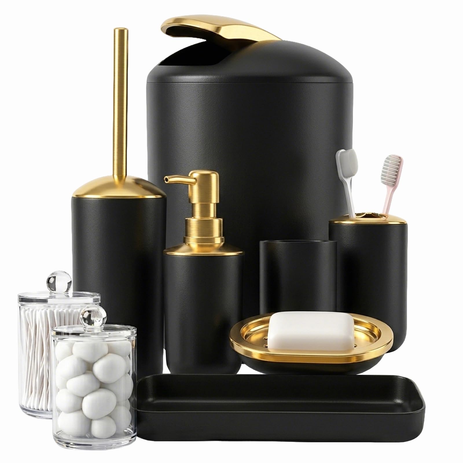 Badezimmer-Zubehör-Set, 9-teilig, Mülleimer, Seifenspender und Schale, WC-Bürste, Zahnbürstenhalter, Becher, Tablett, Wattestäbchen-Behälter, Arbeitsplatten-Organizer und Einweihungsgeschenk