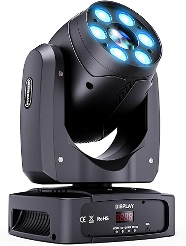 HOLDLAMP Luces de DJ de cabeza móvil, luz LED de cabeza móvil de 100 W con función de enfoque, 6 gobos giratorios (prisma de 3 facetas) e