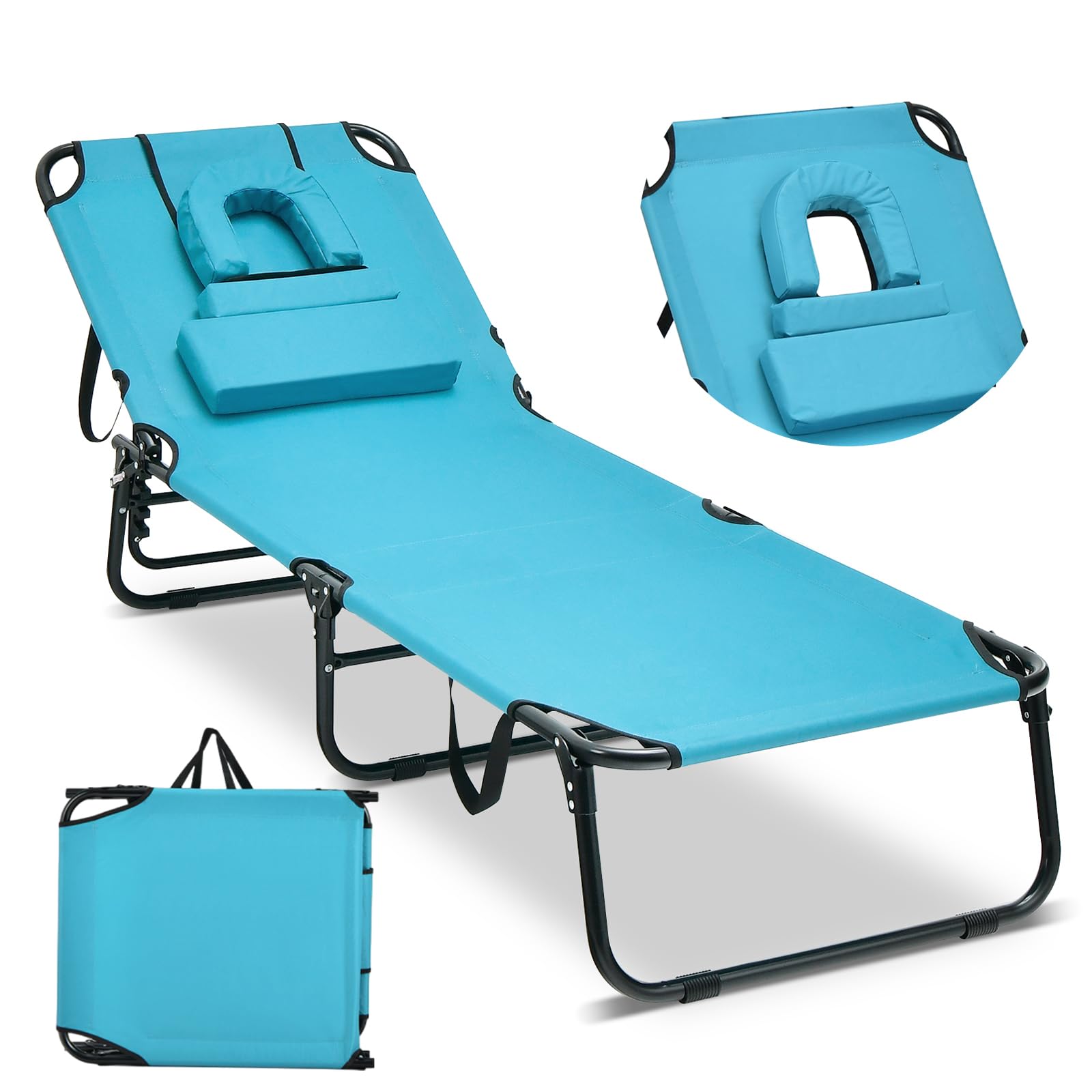 COSTWAY Chaise Longue Pliante, Bain de Soleil Réglable à 5 Positions, Charge 150kg, Trou pour Visage, 3 Coussins Amovible, Tissu Oxford, Sangle, Transat Jardin Exterieur pour Plage Piscine(Turquoise)