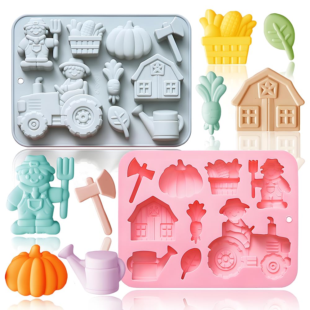 2 Pack Silicone Chocolate Molds with Farm Theme Pumpkin Tractor Axe Watering Pot House Handmade Soap Mold 9 Cavity Gummy Ice Cube Crayon Pastry Baking