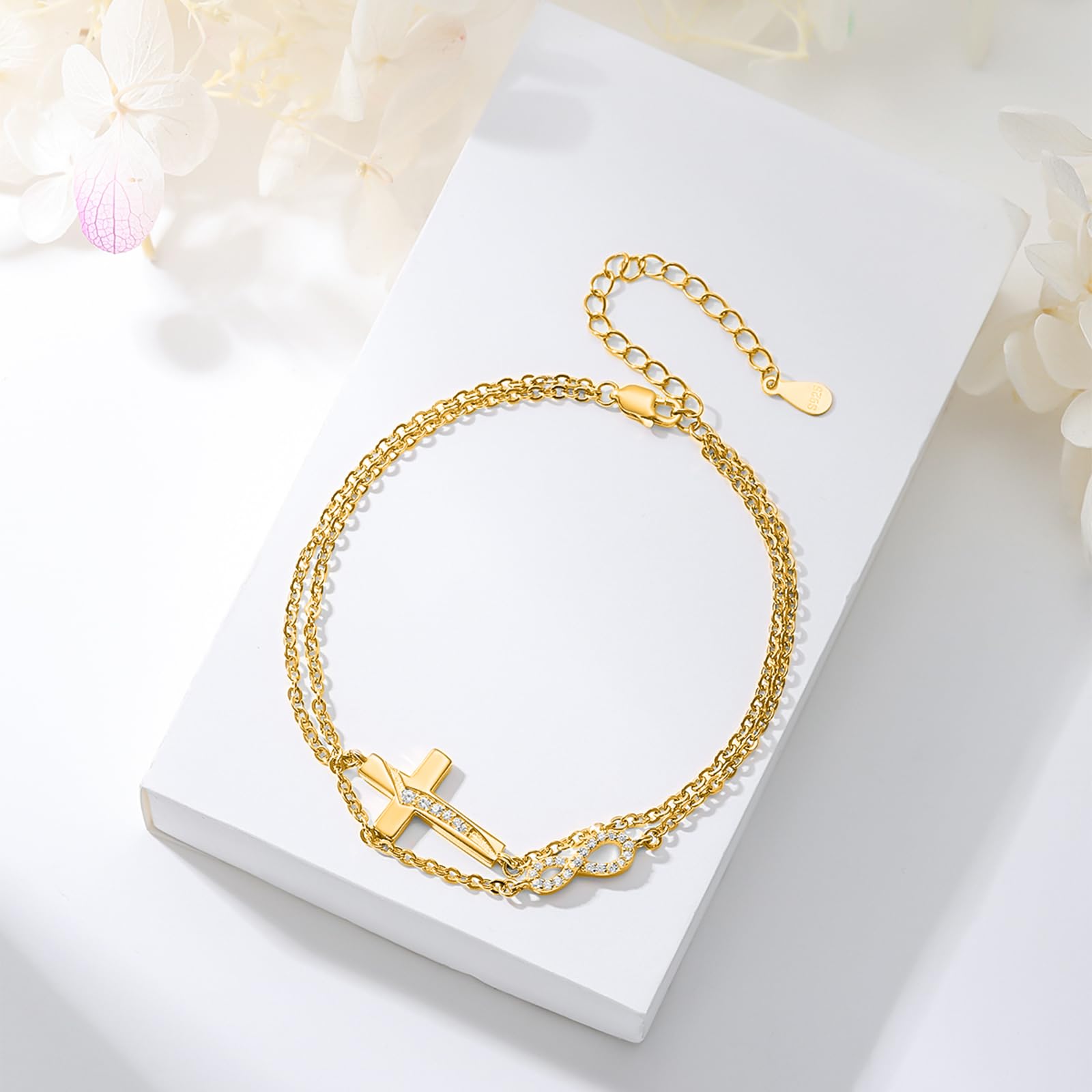 OHAYOO Infinity Armband Damen 925 Sterling Silber Rosegold Armband Unendlichkeitszeichen mit Kreuz Armband Infinity Schmuck Geschenke für Freundin Frauen Mädchen Mama