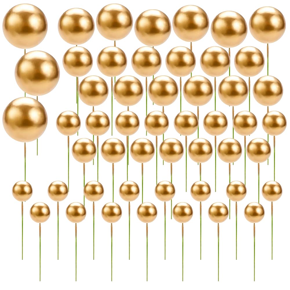 50 Pcs Gold Balls for Cake Decorating, Metallic Round Mini Cupcake Picks in Assorted Sizes, Gold Cake Decorations for Birthday Parties, Wedding Cake Décor, DIY Baking & Dessert Styling