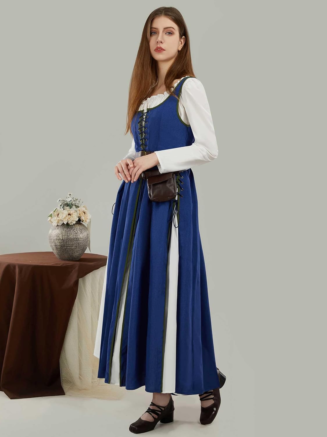 Medieval Renaissance Dress Retro Viking Fake Two Piece Dress with Wasit Bag - Image 6