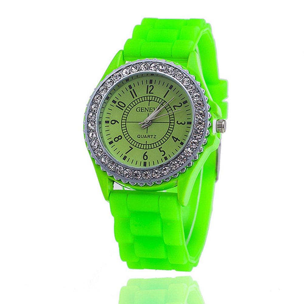 Menu Life 14 colors Ladies brand GENEVA Watch Classic Gel Crystal Silicone Jelly watch (Green)