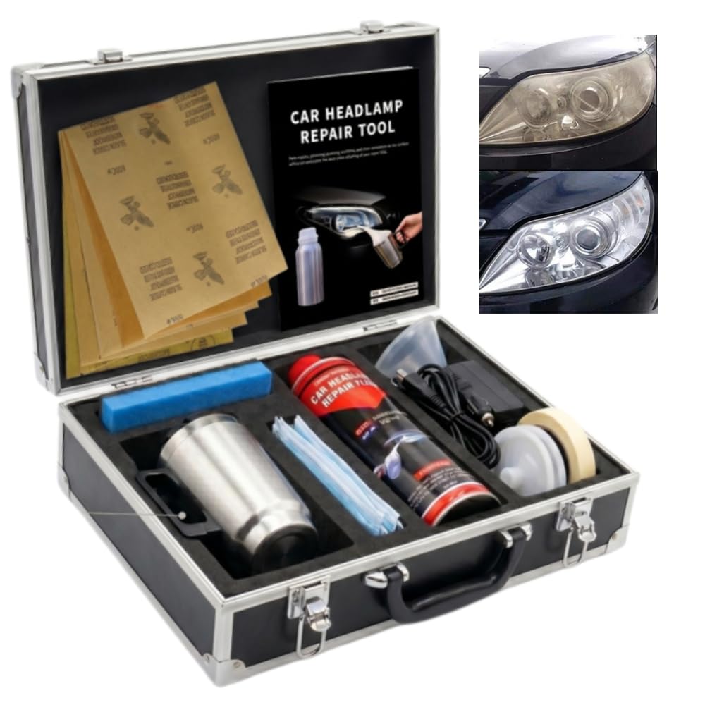 Kit de Restauración de Faros de Coche Profesional, Sistema con Taza de Atomización de Acero Inoxidable y 800g de Líquido Renovador, Elimina Arañazos, Amarillamiento y Oxidación, 12V/220V