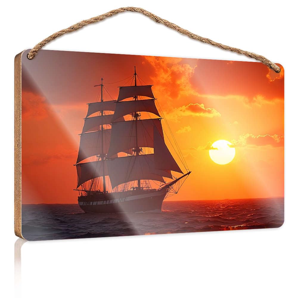 Wood Door Sign Sailboat Sailing On The Ocean At Sunset. Bar Signs For Home Decor Posters For Teens(20X30CM)