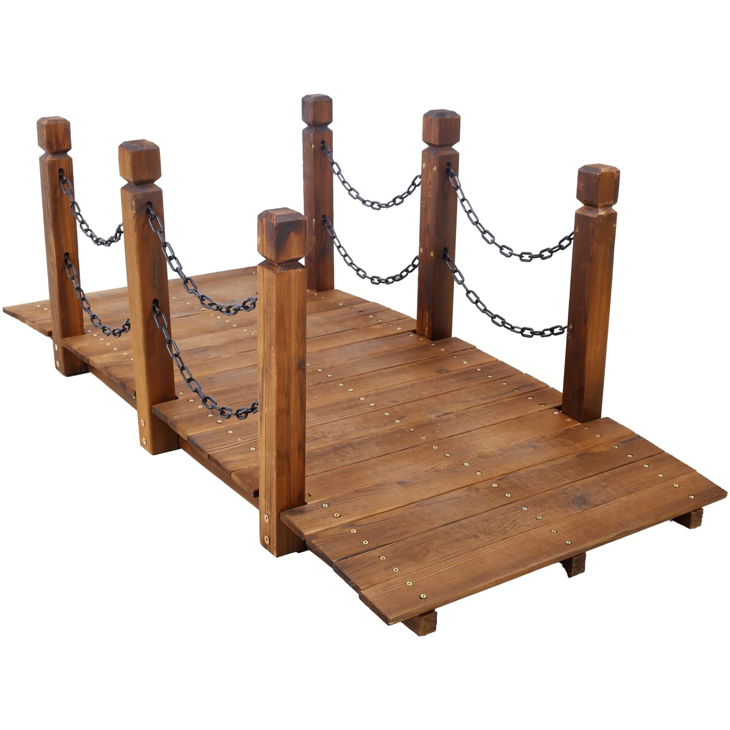 5 FT Wooden Garden Bridge with Chain Railings - Stained Wood Arc Footbridge for Backyard Creek, Pond, and Yard (Brown)