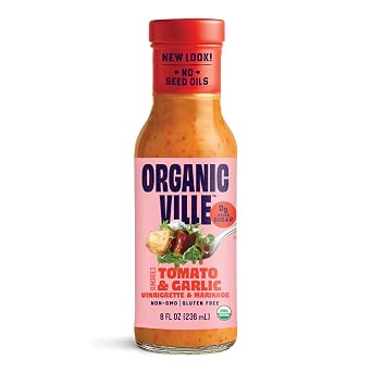 Organicville Sun Dried Tomato & Garlic Salad Dressing - Organic Vinaigrette & Marinade with No Seed Oils, Canola, or Soy, Keto & Paleo Friendly, Vegan, 0g Added Sugar Dressing - 8 fl oz