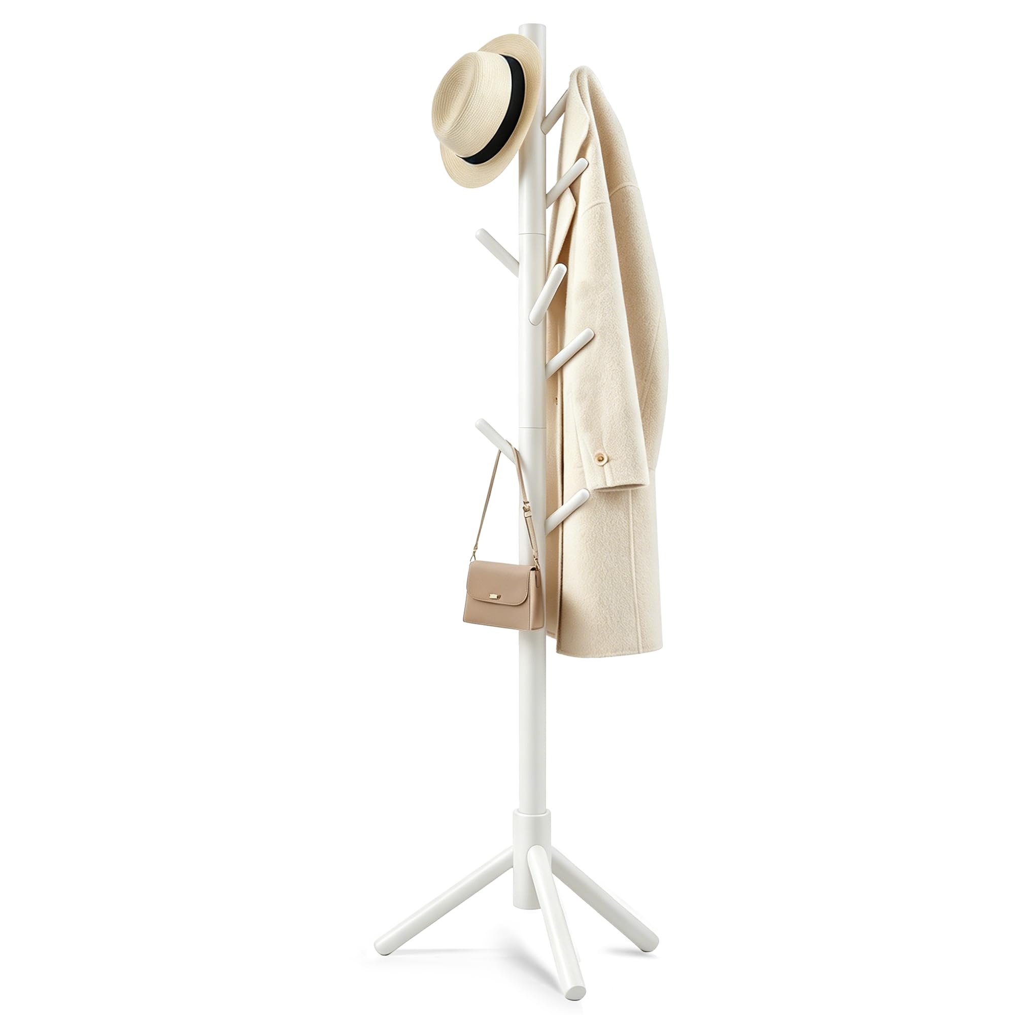 Wooden Coat Rack Freestanding | Coat rack with 8 Hooks & 3 Adjustable Sizes for Clothes, Space-Saving Design for Bedroom Office Entrance Holds Hats Coats