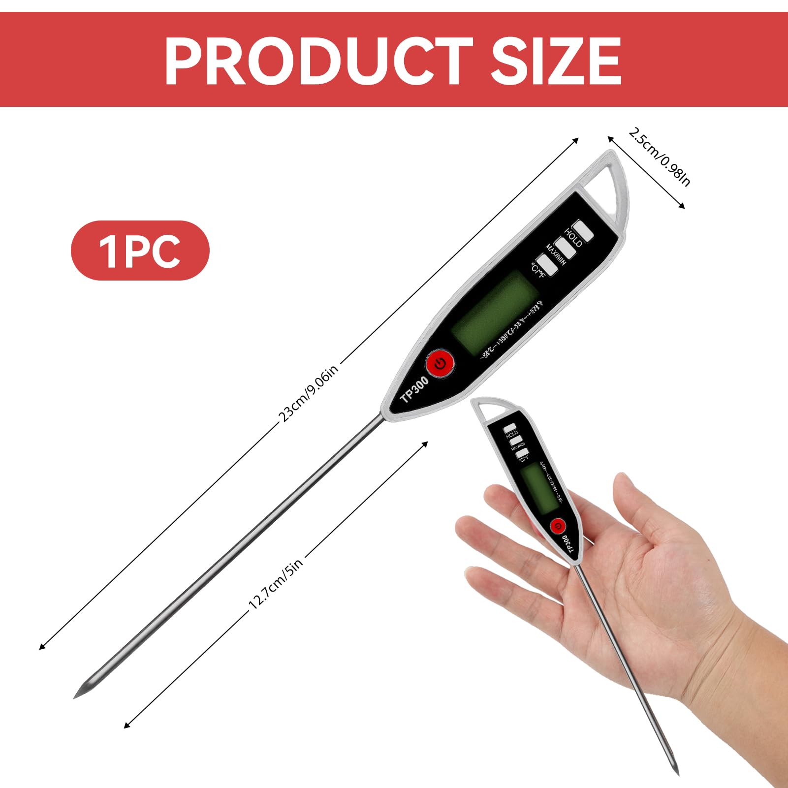 Küchenthermometer, wasserdicht, IPX7, sofortiges Ablesen, mit langer Sonde aus Edelstahl, Digitales Thermometer für Lebensmittel, Fleisch, Flüssigkeit, BBQ, Kerze, Milch, Backen, Umwandlung °C °F