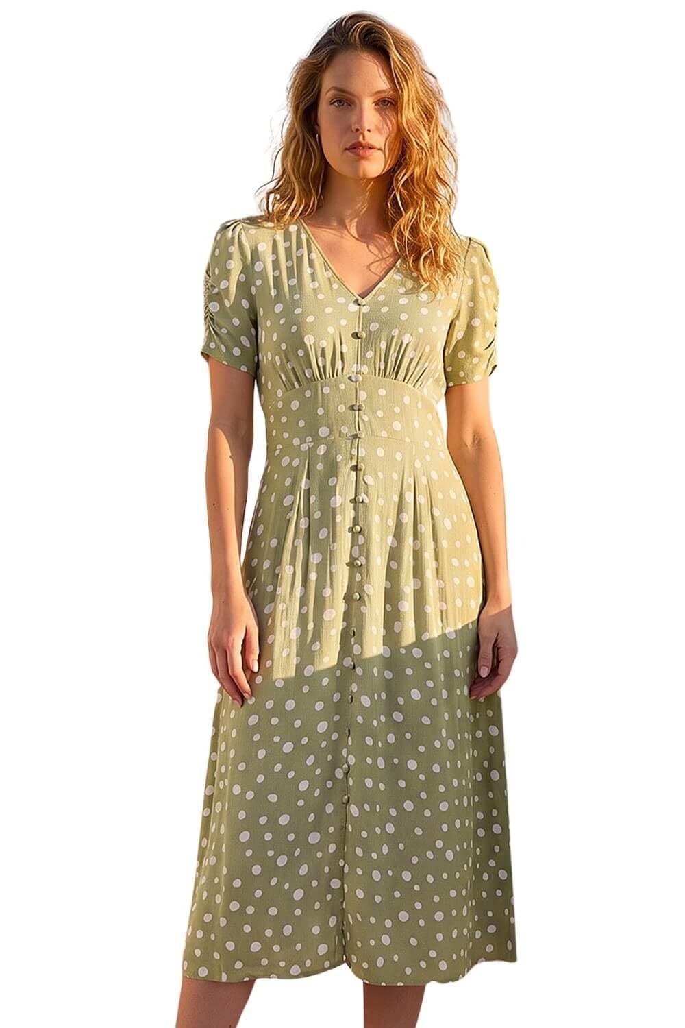 Roman Originals Women's Polka Dot Sage Swing Tea Dress Uk Skater Midi A Line Fit & Flare Summer Casual Smart Cocktail Party Going Out Work Cruise Button Through Long Pocket - Size 18