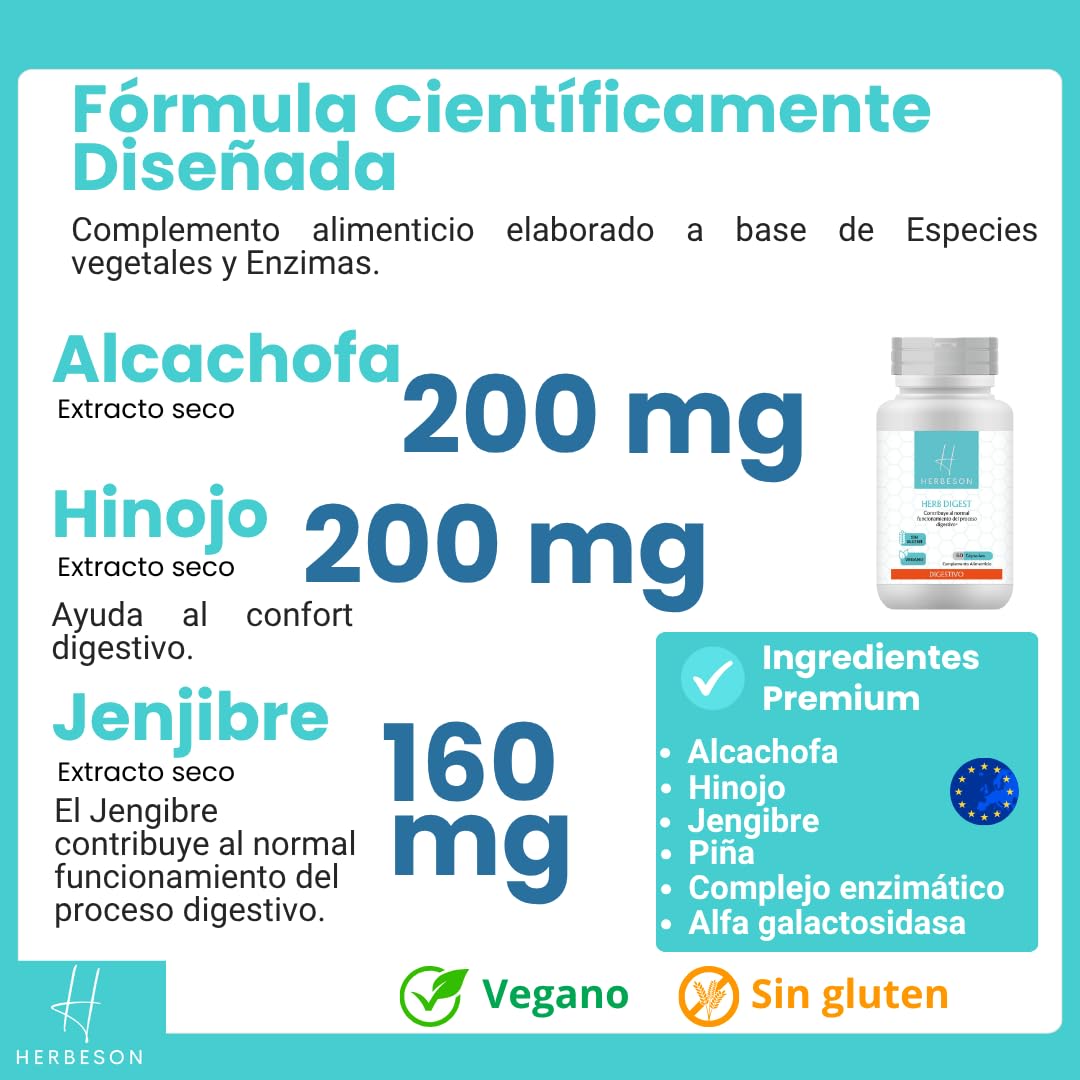 Confort digestivo y vientre plano con Alcachofa, Hinojo y Jengibre – HERBESON HERB DIGEST | Complemento vegano sin gluten con enzimas digestivas y Piña – 60 cápsulas (60)