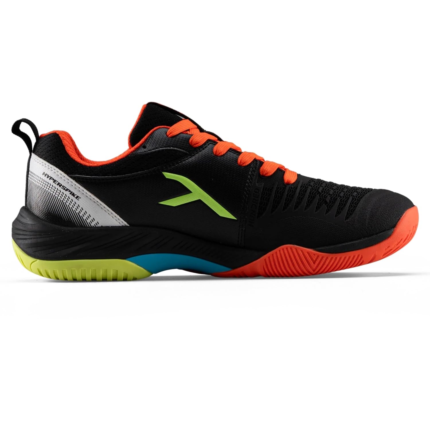 Hundred Hyper Spike Badminton Shoes | Indoor Court Footwear | Active Grip Non-Marking Sole | X-Cushion Midsole | Support Plate Stability | Professional Performance (Black/Orange/Lime/Blue)