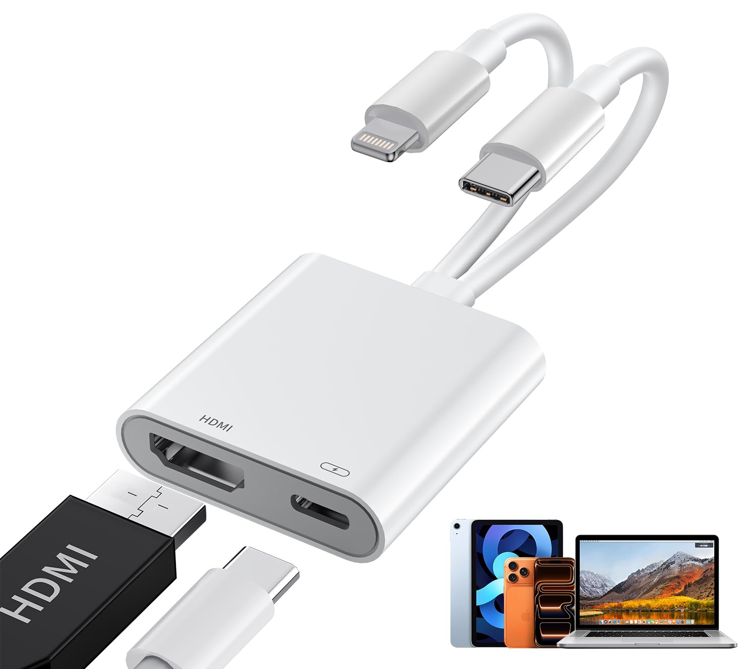 Adattatore USB-C e Lightning a HDMI per iPhone, MFi Lightning Digital AV Adapter per iPhone 14/13, 4K@60Hz 100W Adattatore USB-C a HDMI per i Phone 17/16/15/iPad/MacBook/Galaxy a TV/Monitor/Proiettore