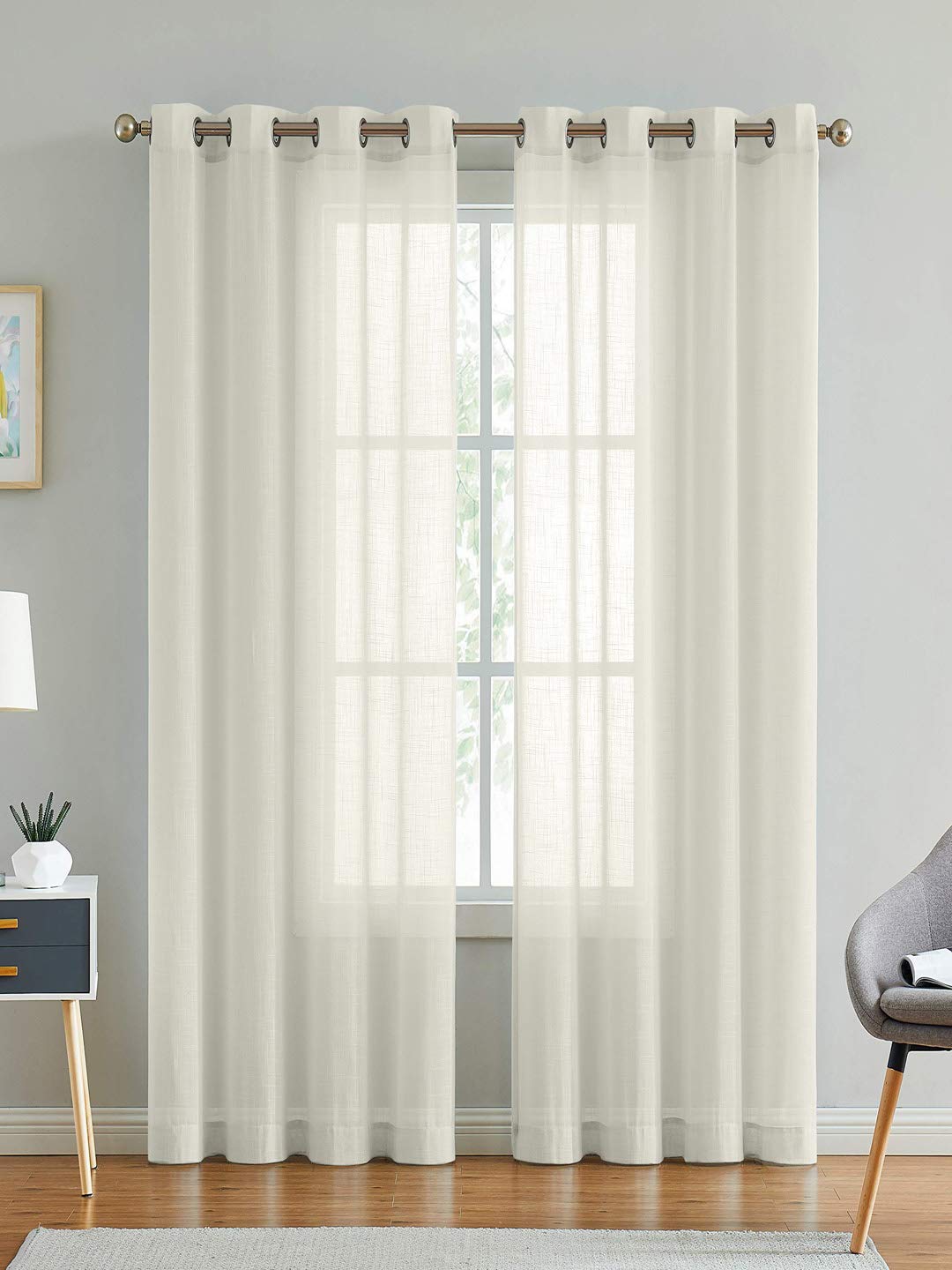 LINENWALAS Cotton Linen Solid Sheer Curtain Set with Eyelet Rings Non Blackout Door Curtain - Set of 2 -Natural Linen- 4.5ft x7.5ft