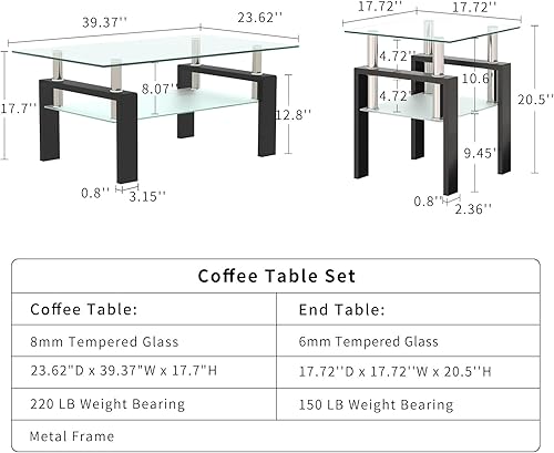 Miniatura 3 de Juego de 2 mesas auxiliares de cristal, mesa de cristal pequeña, mesa auxiliar negra con parte superior de vidrio templado, marco de metal, para