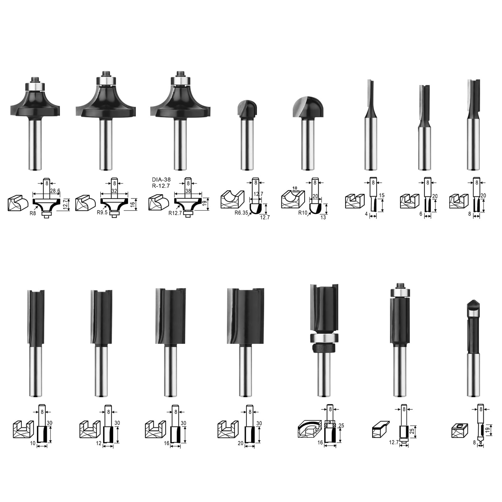 BAIDETS Pro 30tlg. Fräser Set für Holz - Hartmetall Fräsersatz, Zubehör Oberfräsen mit 8mm Schaft.