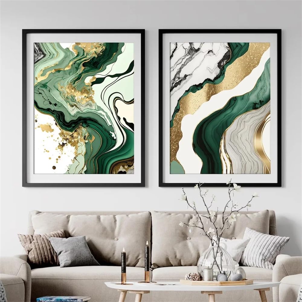 WBYZAC 2 Pieces Poster-Modern Gold Green White Marble Abstract Posters Wall Art Canvas Painting Prints Pictures Living Room Interior Office Home Decoration-60 * 80cm (No Frame)