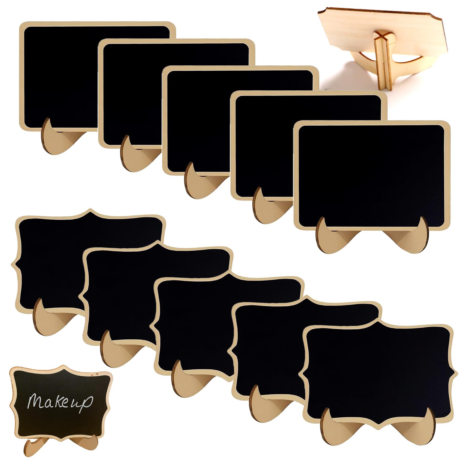 Tumihua 10-Pack Mini Chalkboard Signs with Stands - Wooden Small Chalk Boards for Buffet Food Labels, Wedding & Party Decor, Price Tags for Display (3x4inch 5 Rectangular +5 Polygonal)