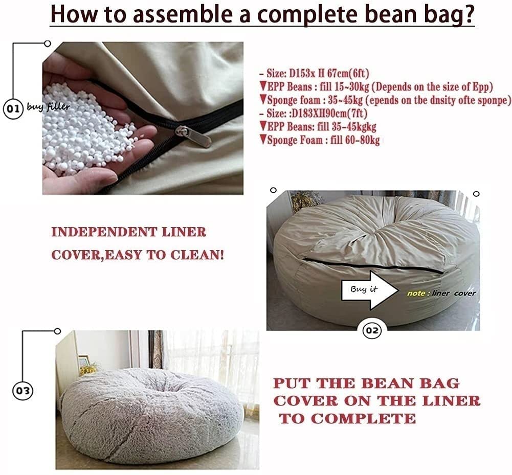 6 7ft zitzak binnenvoering (geen vulmiddel), kaki non-woven lege zitzak binnenvoering hoge capaciteit vervangende hoes met rits (Size : 60x26inch