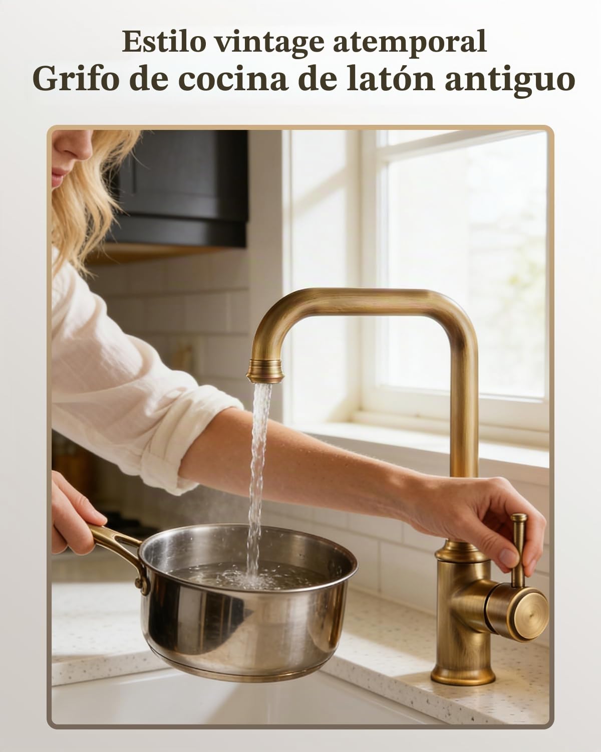 Grifo de cocina, grifo de cocina, con pico alto giratorio de 360 °, latón antiguo