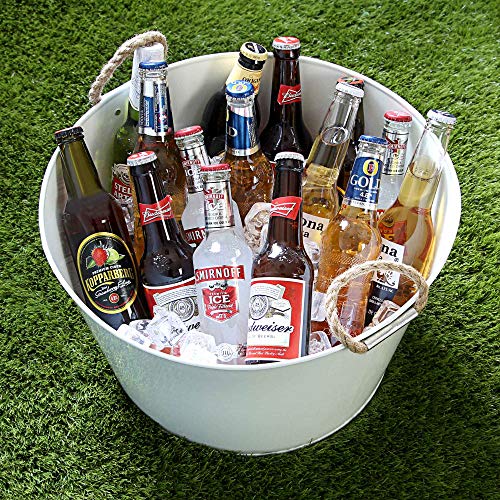 Cesta para fiesta con asas de cuerda, de acero galvanizado blanco, para enfriar bebidas, botellas de cerveza y vino