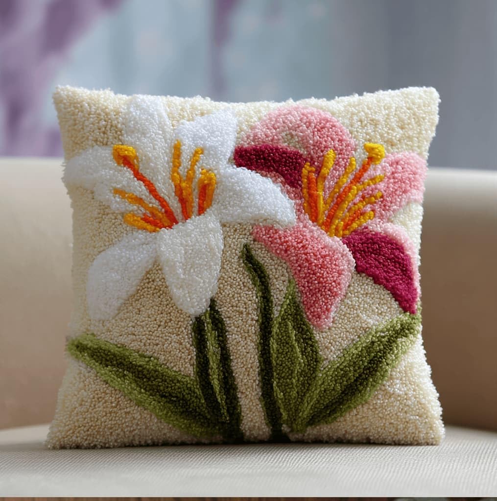 Kitquiver Latch Hook Kits for Adults Lily Rug Cover Pillowcase Beginner DIY Needlework Embroidery Kits Handmade Set Craft Sofa Home Decor 43X43Cm