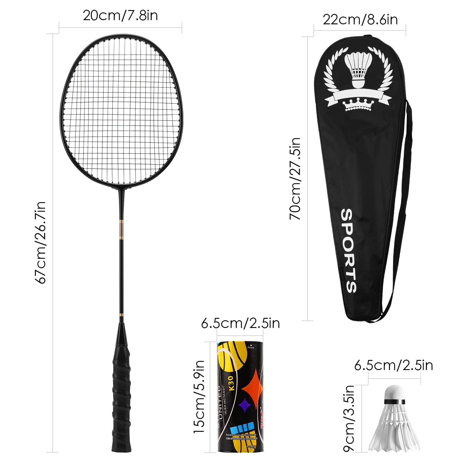 Set di 2 racchette da badminton in carbonio in alluminio con volani da badminton e borsa per il trasporto