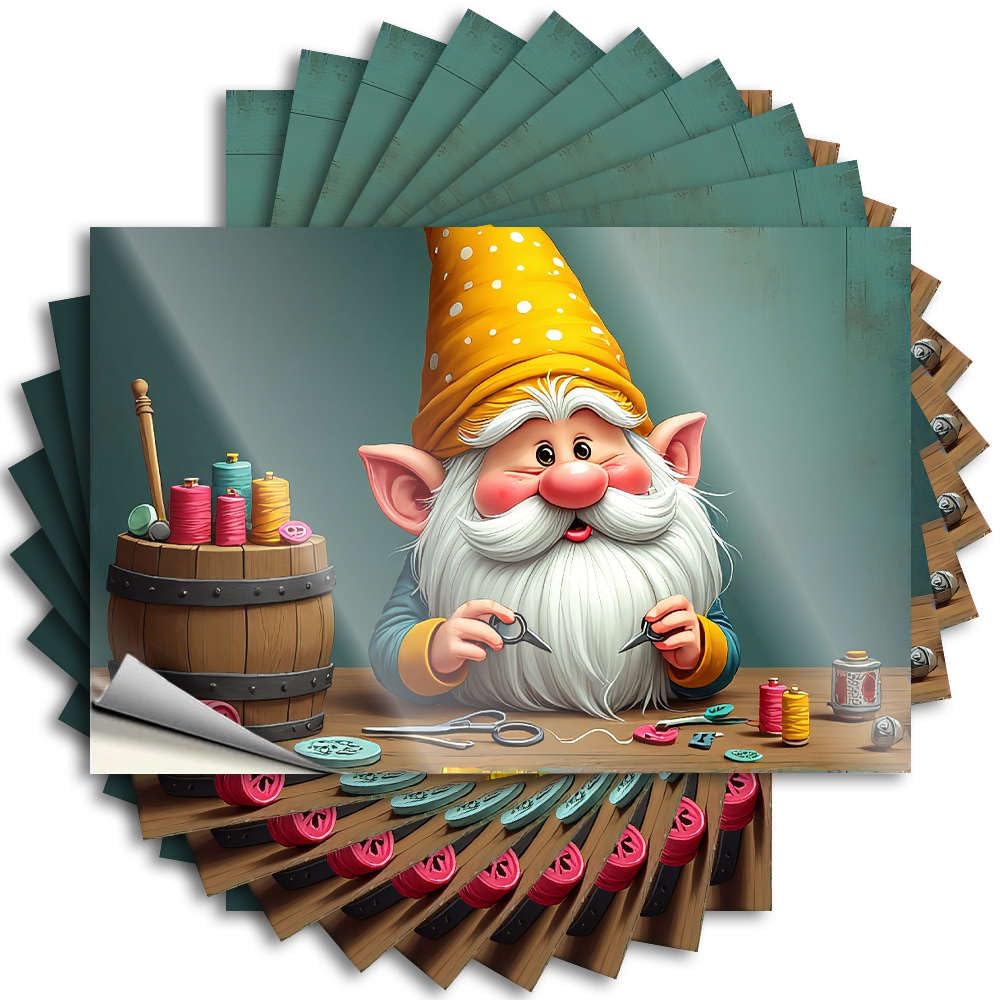 Farm Decals Tumbler | A Cheerful Gnome is Sewing with Colorful Threads. Smiley Face Tiki Sticker Pack(12X18CM)