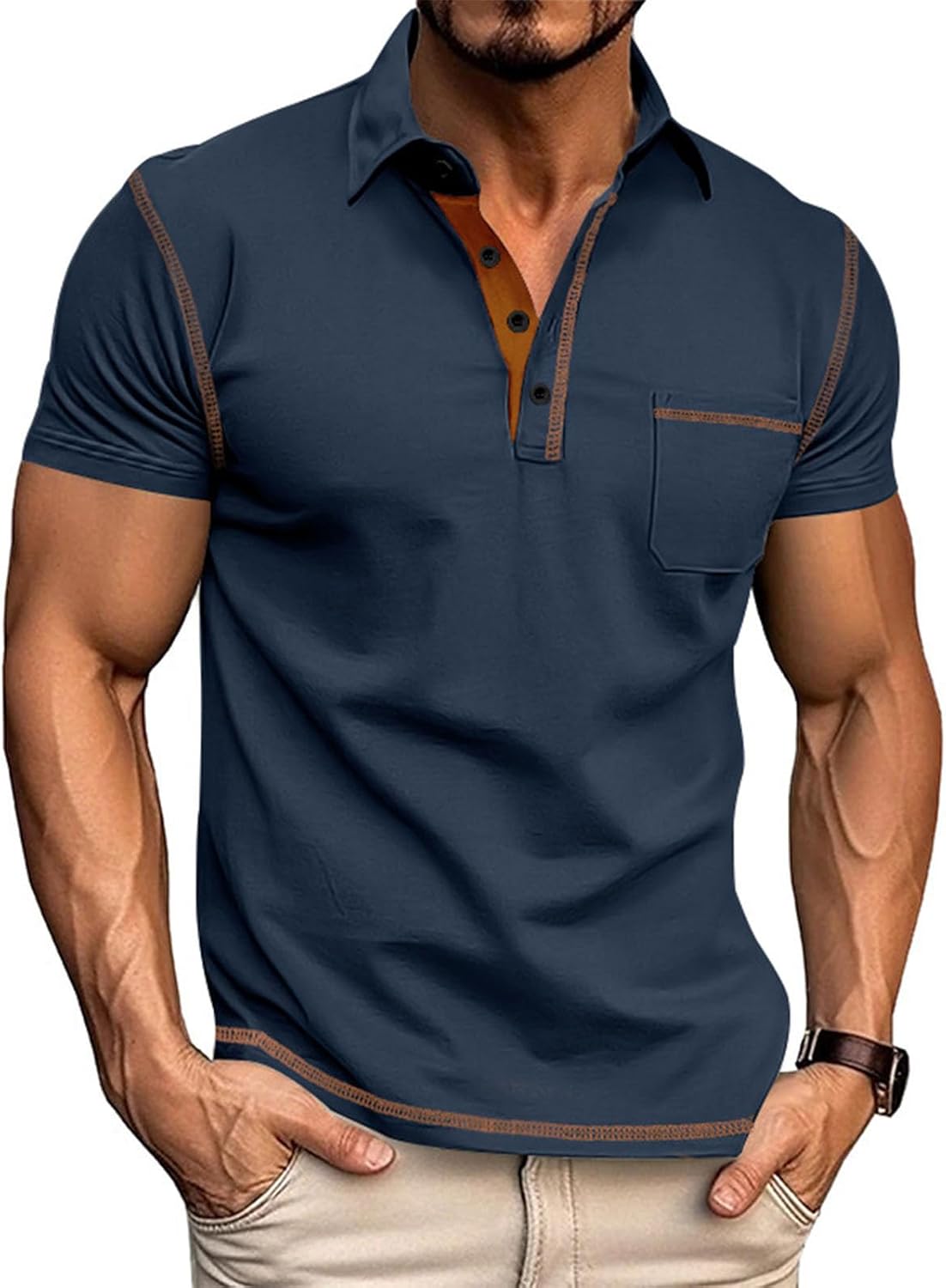 Polo Shirts for Men Solid Color Casual Shorts Sleeve Summer Shirt Classic Collared Button Golf Shirts with Pocket