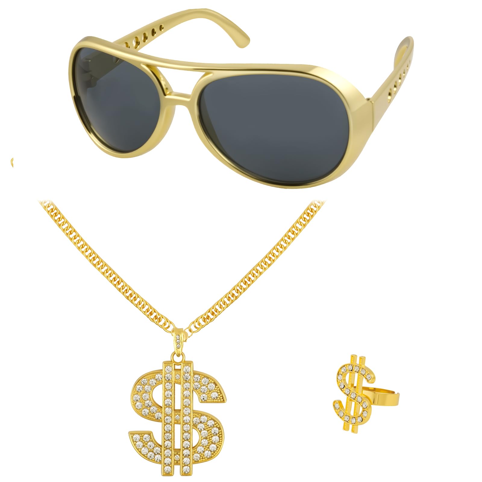 BSBUY 3 Pcs Hip Hop Costume Set 80s 90s Hip Hop Fancy Dress Rapper Fancy Dress Accessories Rapper Hippie Kit Gold Digger Accessories with Disco Dollar Sign Ring Necklace Sunglasses for Men Women Kids
