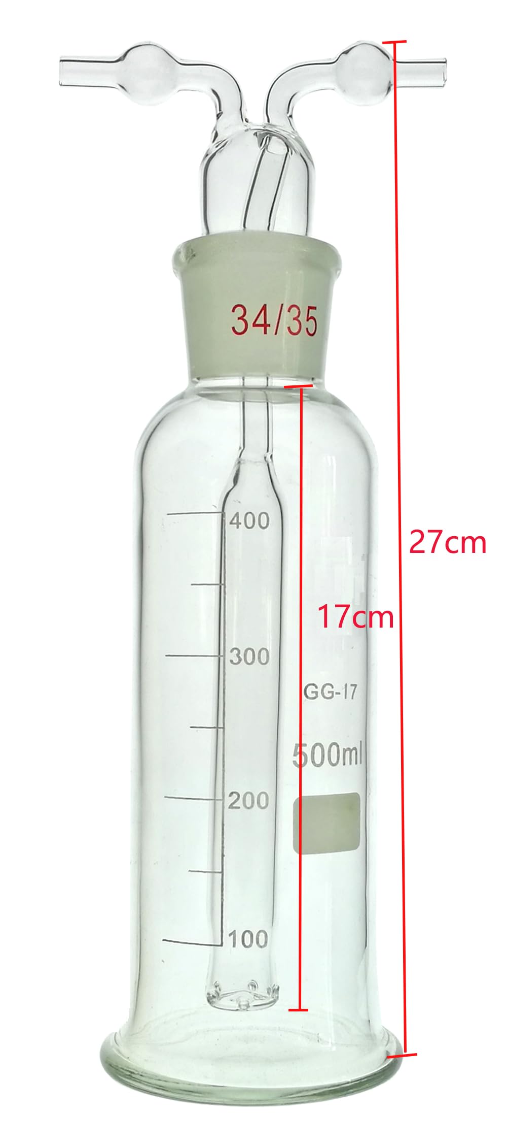 Butelka gazowa Monteggia o pojemności 500 ml z porowatą rurką — szkło Boro 3.3 z podziałką do mycia i suszenia gazowego