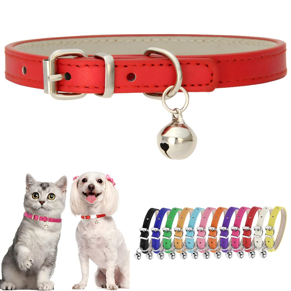 Red XXS Dog Collar with Bell Girls PU Leather Puppy Collar with Bell Adjustable Buckle Kitten Cat Collars for XXSmall XS Tiny Little Extra Small Breed