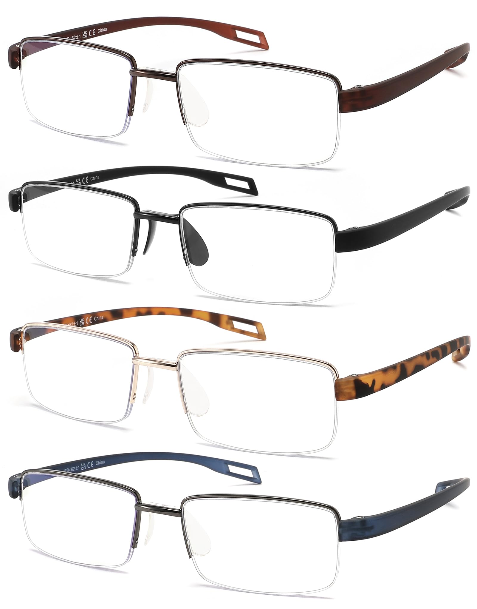 KomftOptix 4 Pack Blue Light Blocking Reading Glasses for Men and Women,Semi Rimless Light Weight TR90 Temple Computer Readers (+4.0 Strength)