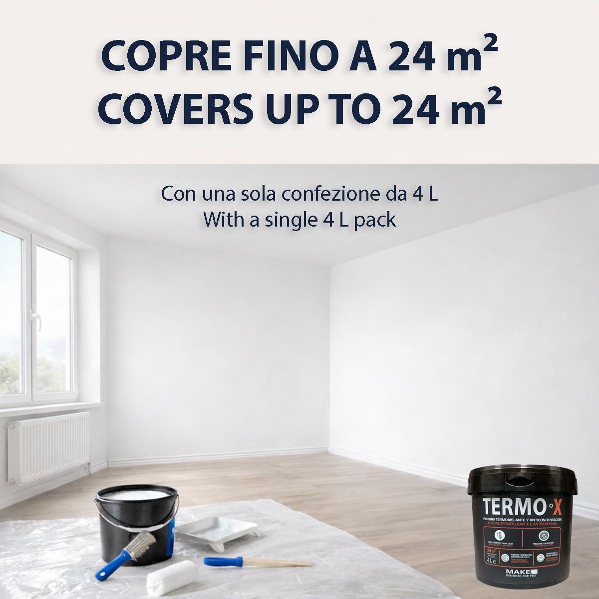 MAKE Pittura Antimuffa Termica Interni 4 L - Pittura Anti Condensa per Pareti Fredde - Stop Muffa Bagno Cucina - Microsfere 3M Isolanti - Copre 24 m² - Bianco Opaco