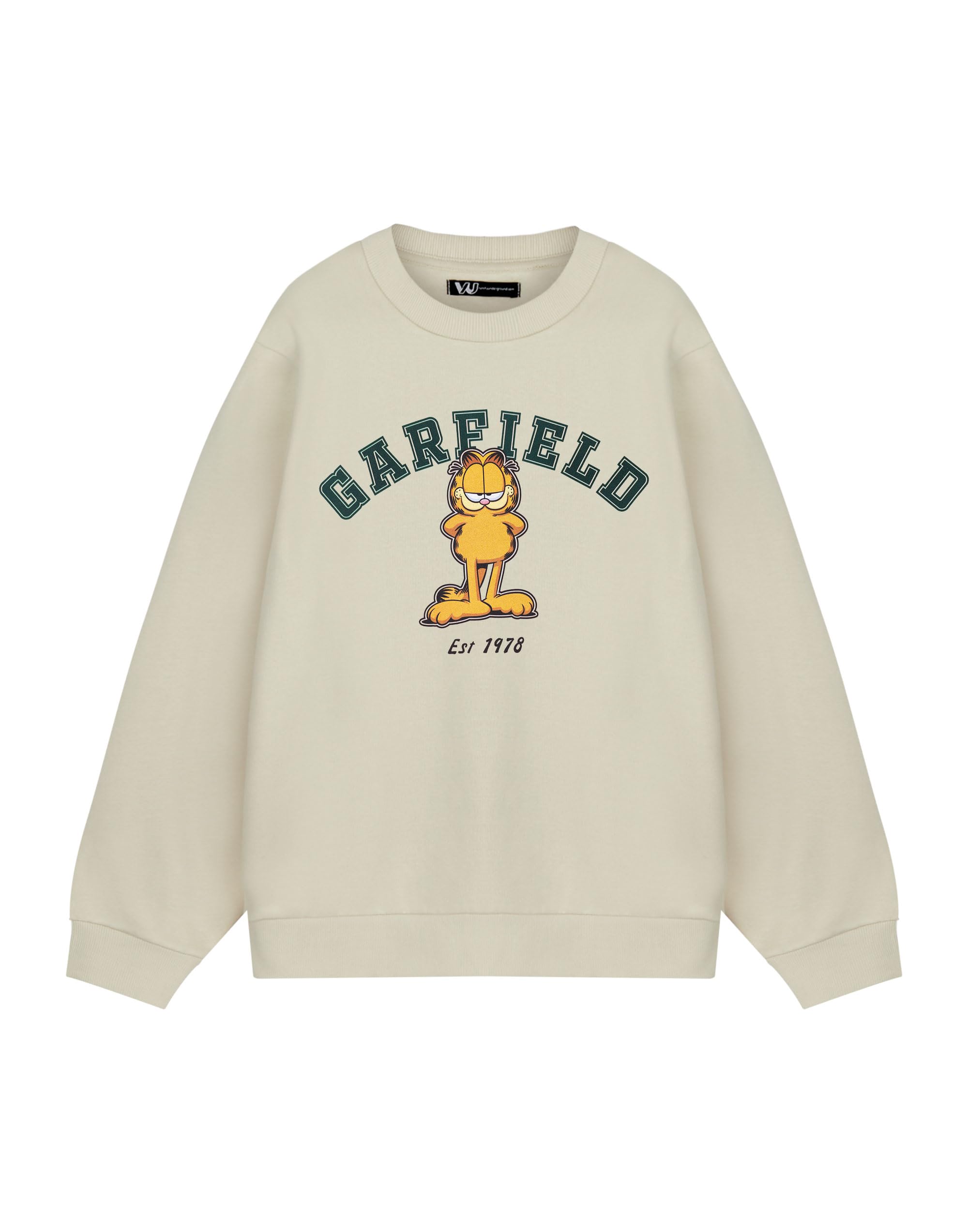 Garfield Unisex Beige College Sweatshirt | Vintage Cartoon Cat Graphic Sweater | Cozy Crewneck Pullover | Retro Apparel | Fun Gift For Fans & Students