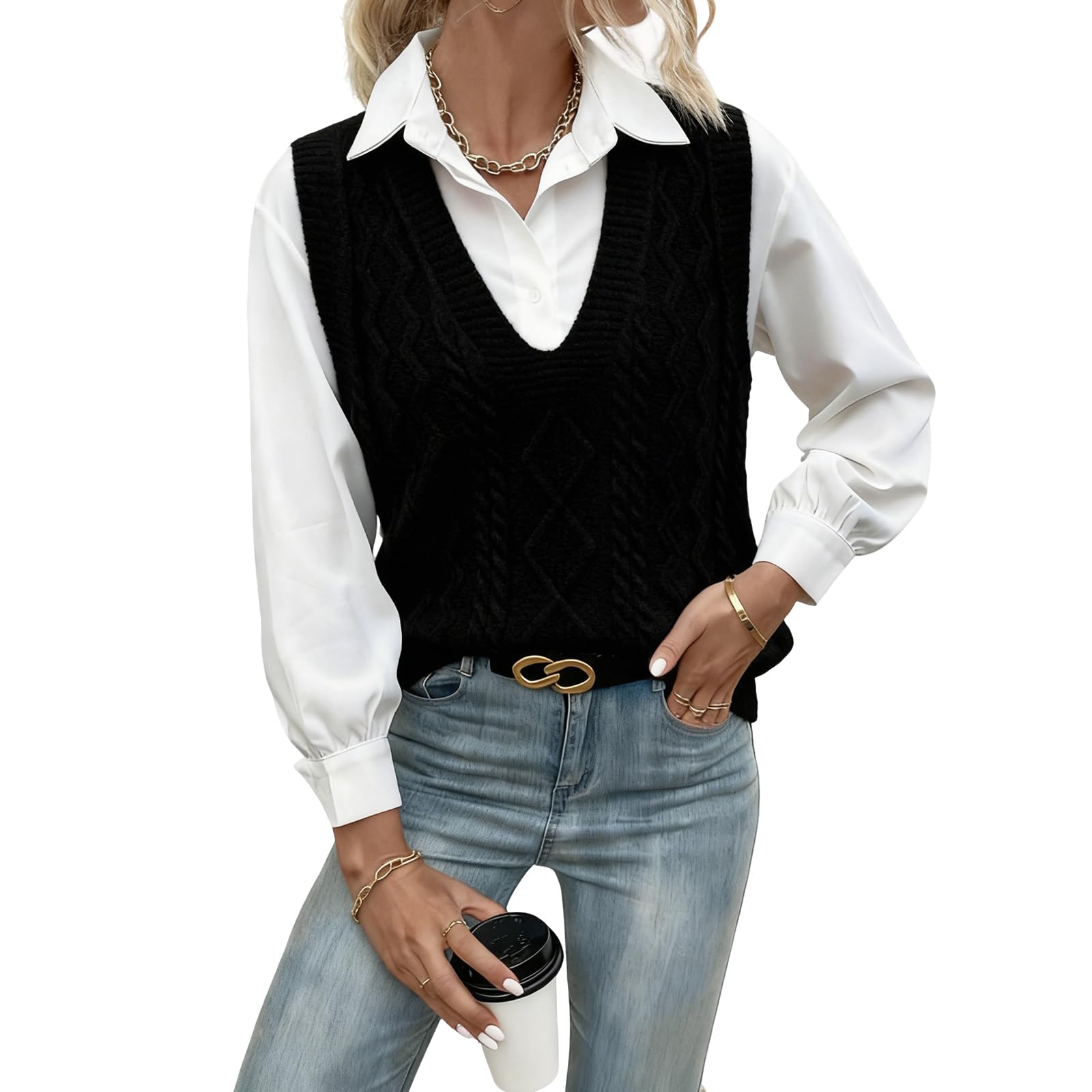 Maglione da donna, elegante, scollo a V, nero, senza maniche, bianco, alla moda autunnale Academia, maglione invernale