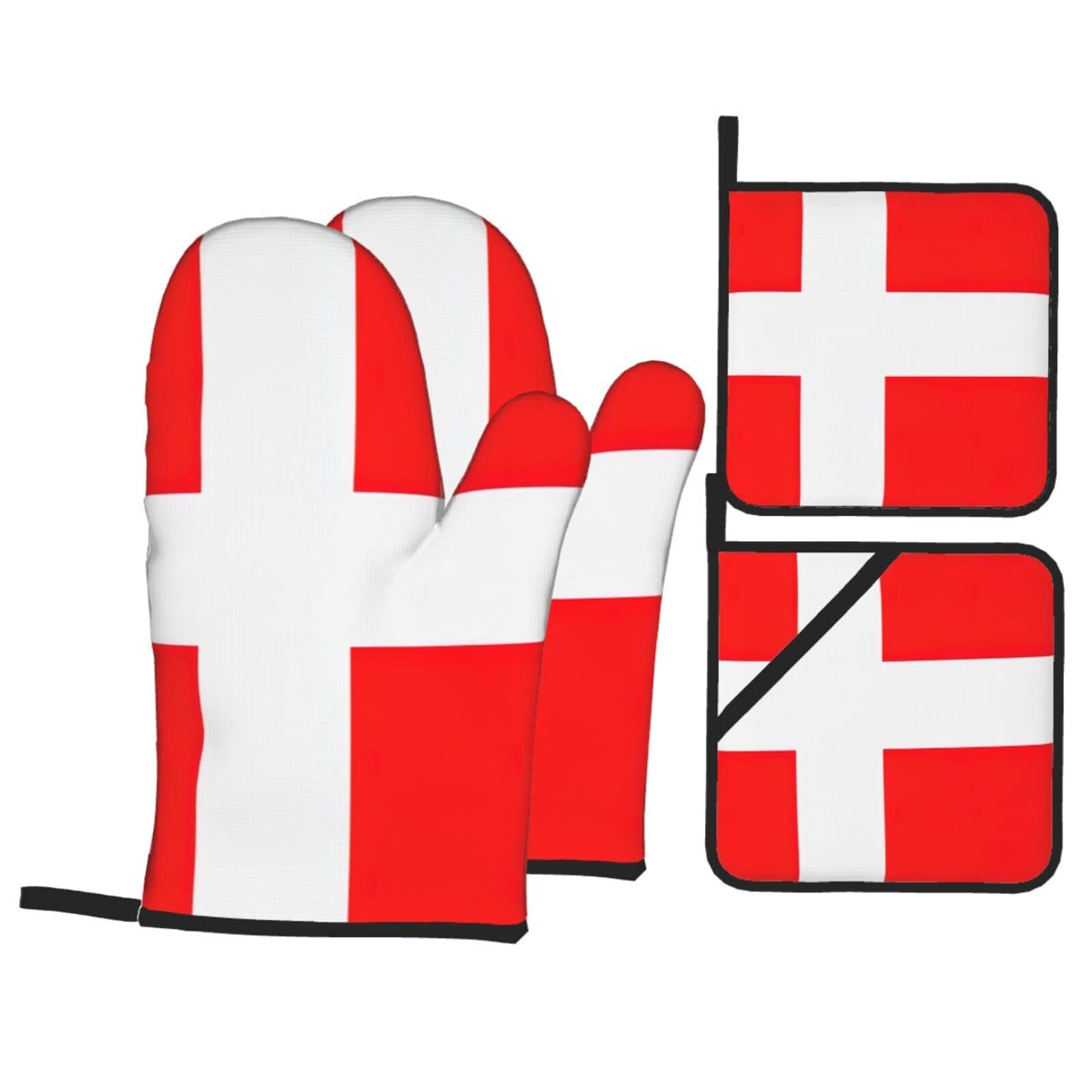 Denmark Danish Flag Print Stylish 4-Piece Microwaving Oven Waterproof Kitchen Gloves Baking Holiday Cooking