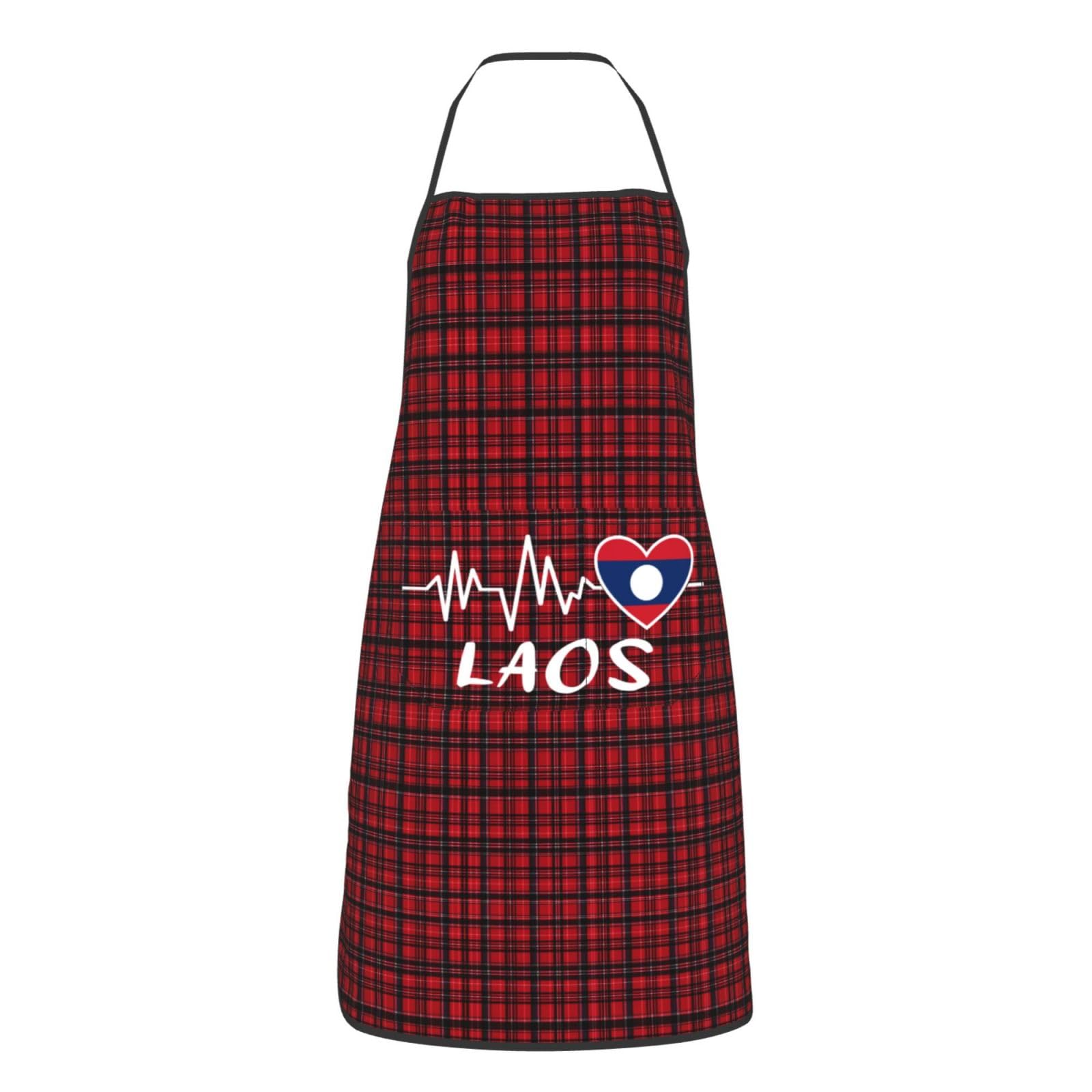 nopicsn Laos Heartbeat Apron for cooking with Pockets Women Men Kitchen Chef Funny Aprons