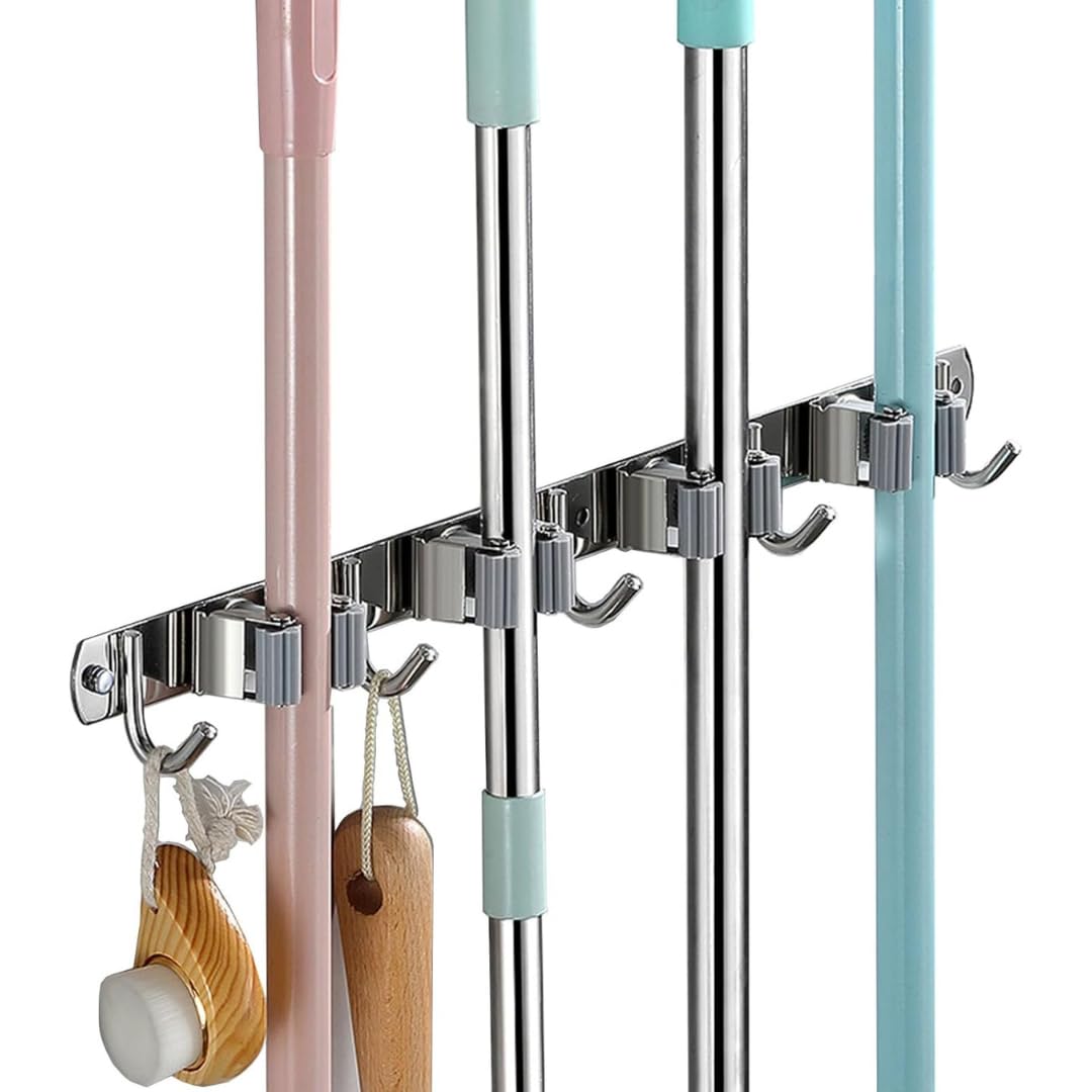 SorresaA Mop and Broom Holder Wall Mount | Heavy Duty Wall Mounted Tool Organizer with Hooks | Broom Holder for Kitchen, Garage, Garden, Bathroom & Cleaning Tools Storage (4 Slot 5 Hook)-picture-29