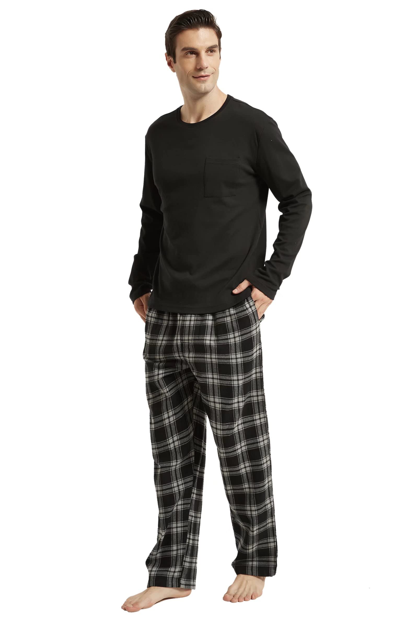 Amaxer Pigiama Uomo Cotone Lungo di Flanella Set da Notte Top a Manica Lunga con Tasche Pantaloni con Coulisse