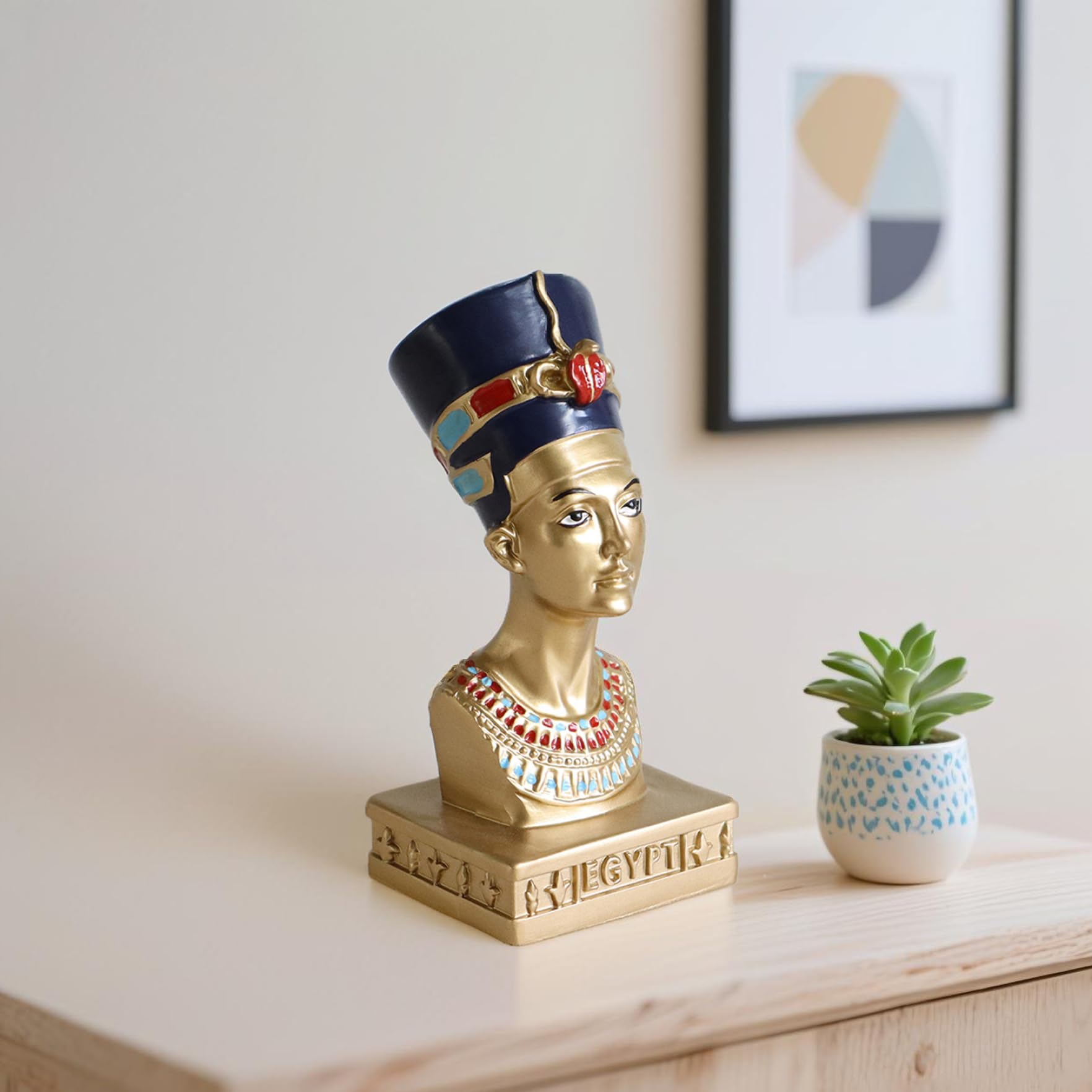 Latemeia Egyptian Statue, Ancient Egyptian Decor Figurine, Resin Sculpture for Home Shelf & Table, Vintage Blue & Gold Art, Statue