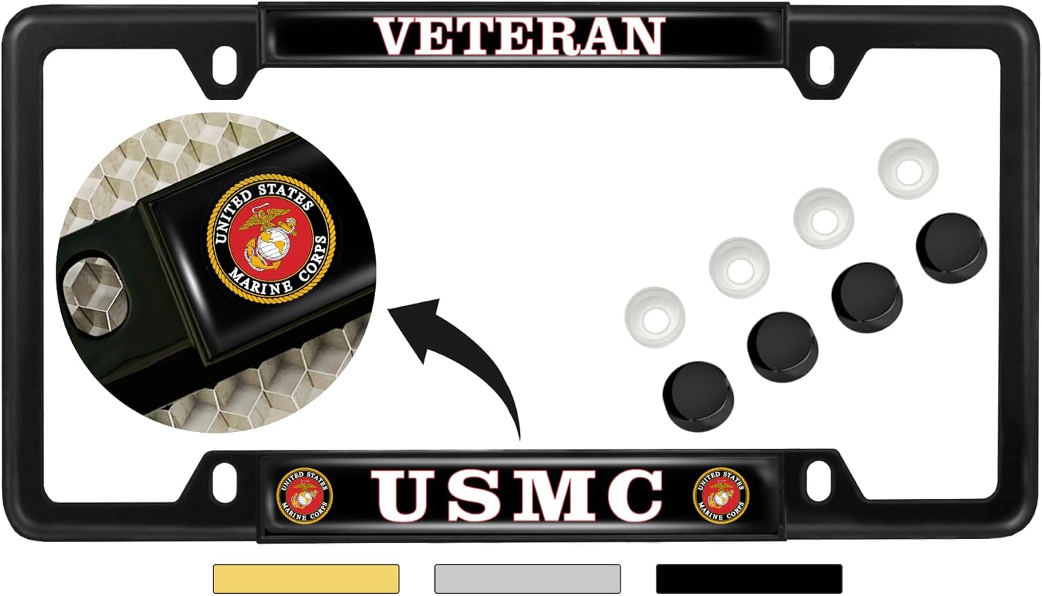 [Officially Licensed US Marine Corps Product] - USMC Veteran - Domed Custom-Made Personalized Narrow (Thin) Top 4 Hole Metal Car License Plate Frame with Free caps - Black Frame (Qty: 1)