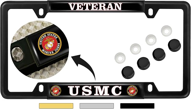 USMC Veteran 4 Hole Metal Car License Plate Frame - Black, Qty 1