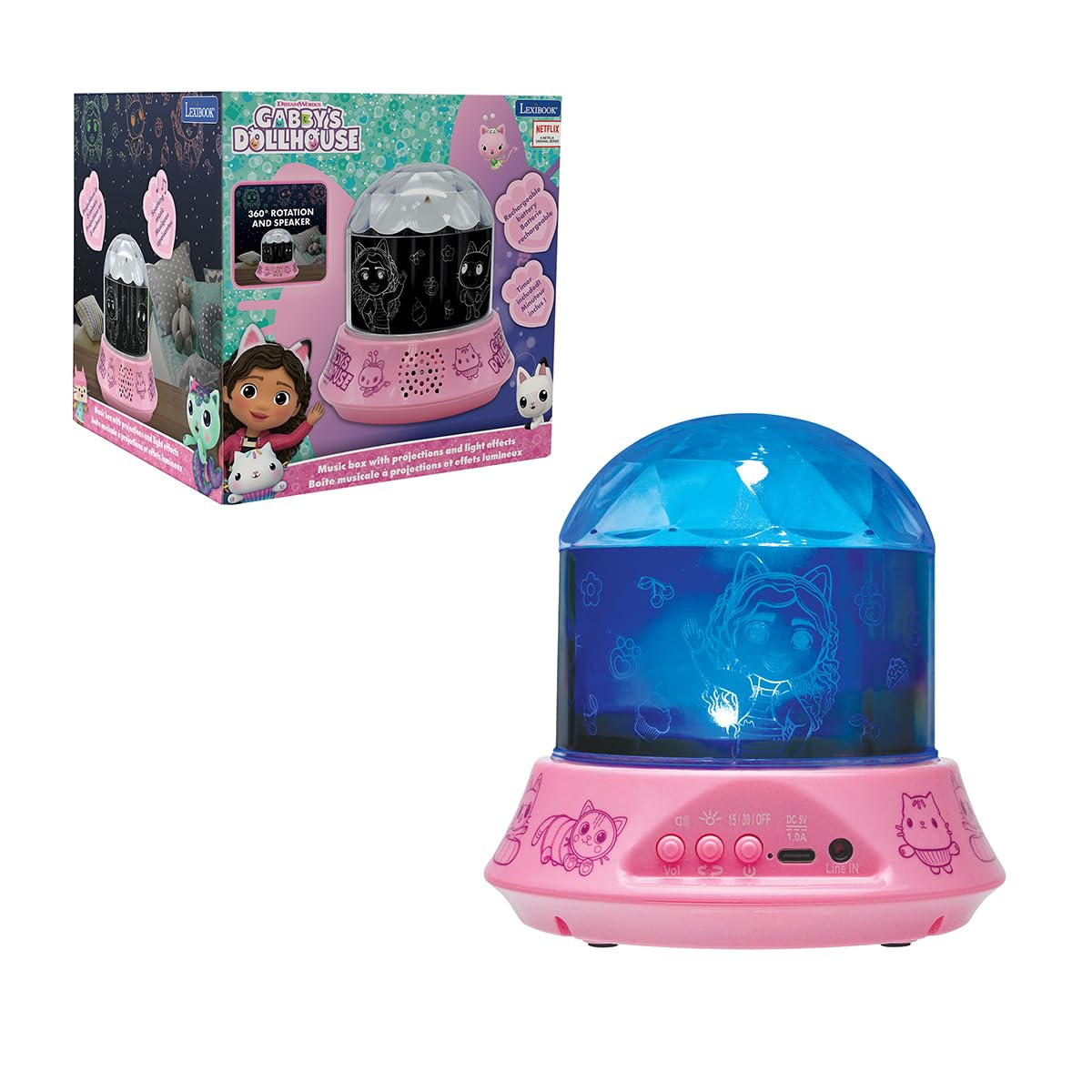 Lexibook, Gabby's Dollhouse, Nightlight with Speaker, Projections of the Gabby's Dollhouse TV Series, Kaleidoscopic Lights on the Ceiling, Speaker with Auxiliary Plug, Rechargeable, NLJ035GDHLXB
