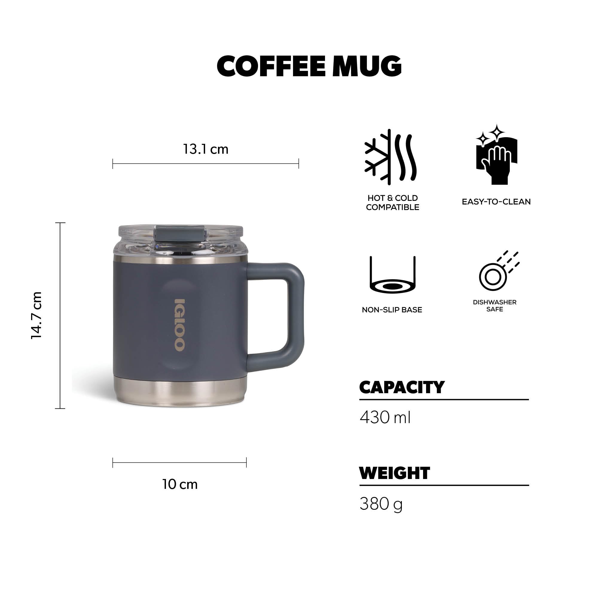 IGLOO Coffee Mug Kaffeebecher – Isolierter Thermobecher aus Edelstahl, 443 ml – Auslaufsicher, Doppelwandig, Ideal für Büro, Reisen & Outdoor – Hält Getränke heiß & kalt