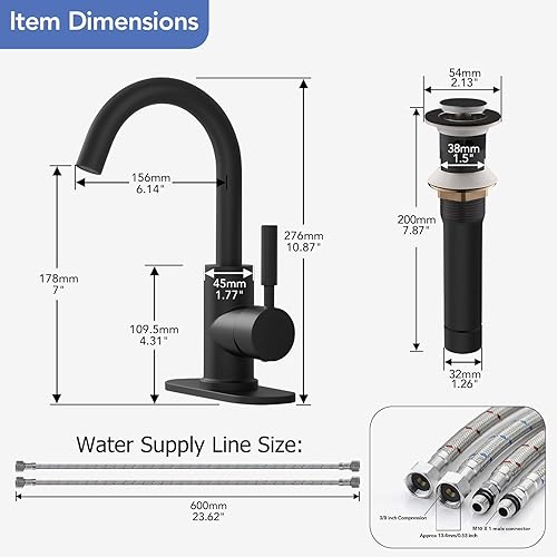Miniatura 6 de Phiestina WE08E-MB - Grifo de acero inoxidable de arco alto de un solo orificio negro mate para fregadero de precocinafregadero de barfregadero de